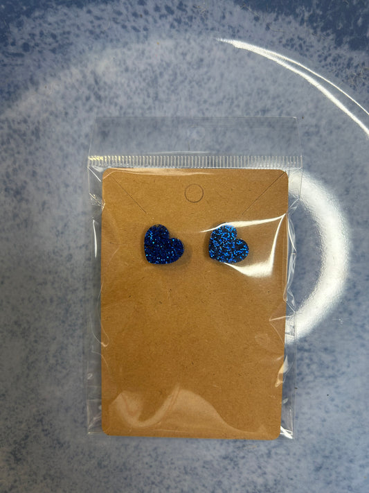 Blue Glitter Heart Stud Earrings