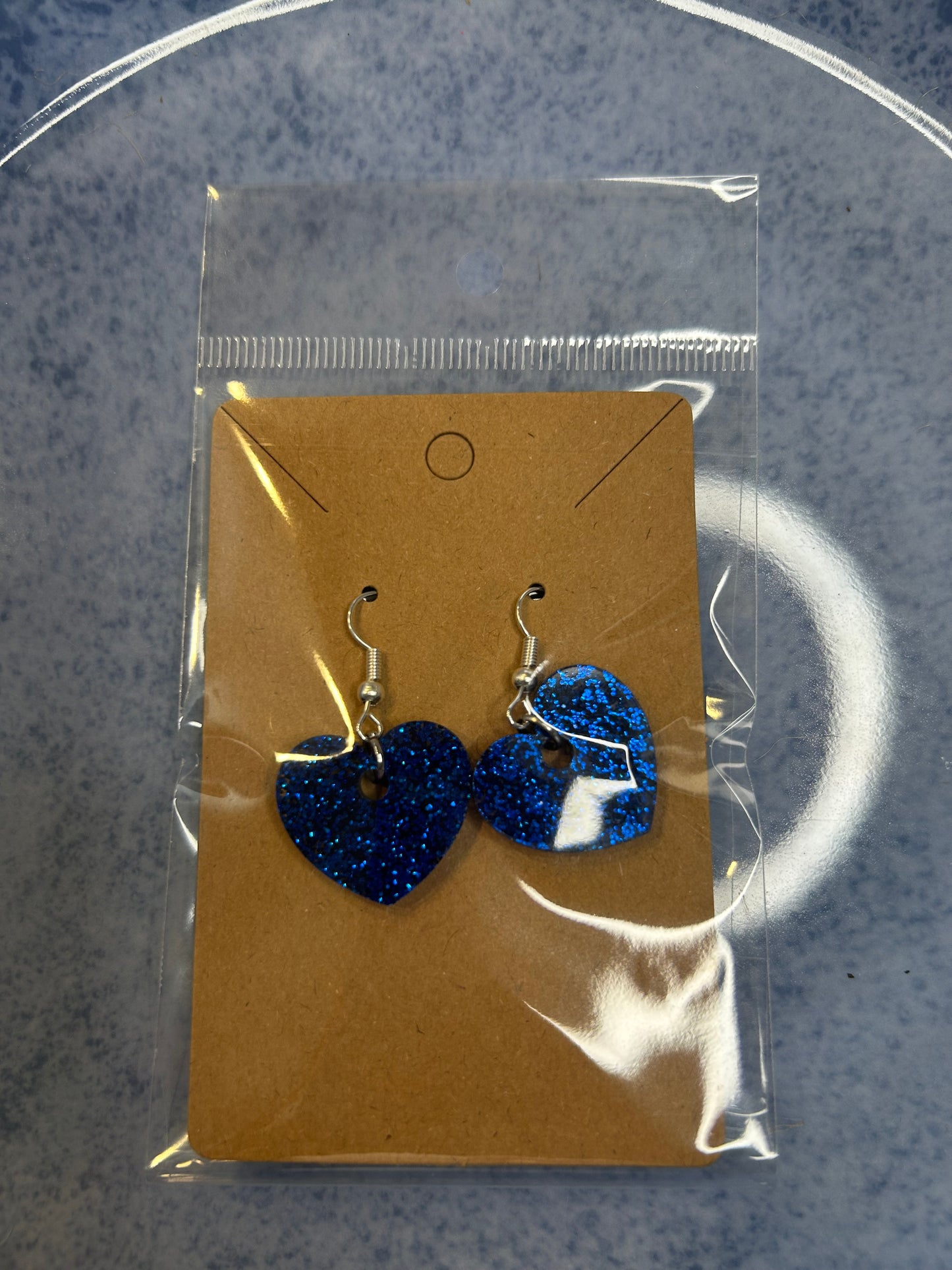 Blue Glitter Heart Dangle Earrings