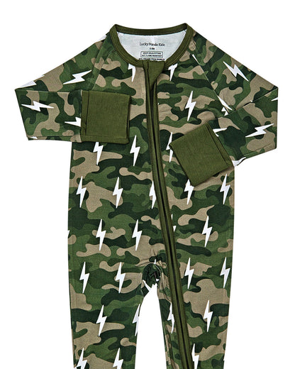 Bamboo Zip Romper | Green Camo Bolts