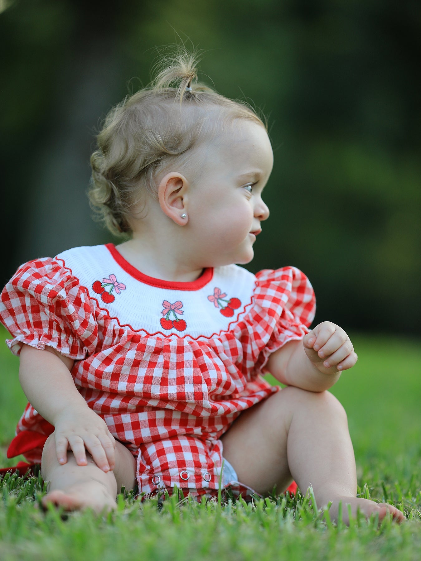 Red Cherry Bow Plaid Smocking Embroidery Girls' Romper