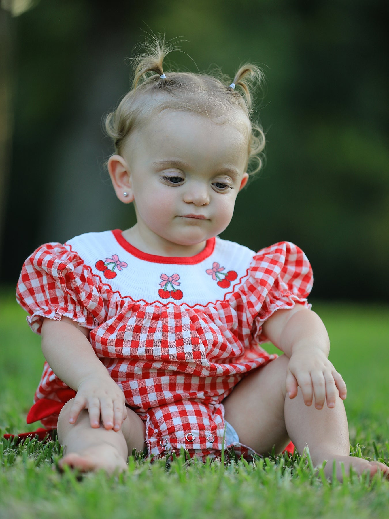 Red Cherry Bow Plaid Smocking Embroidery Girls' Romper