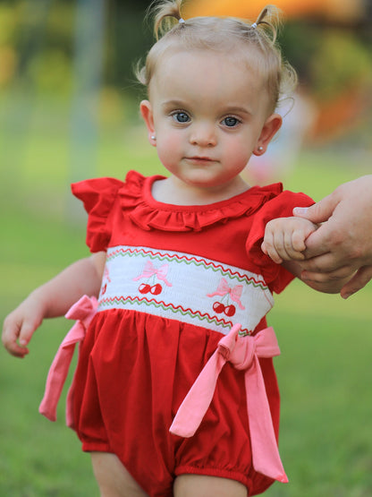 Red Cherry Bow Smocking Embroidery Girls' Romper