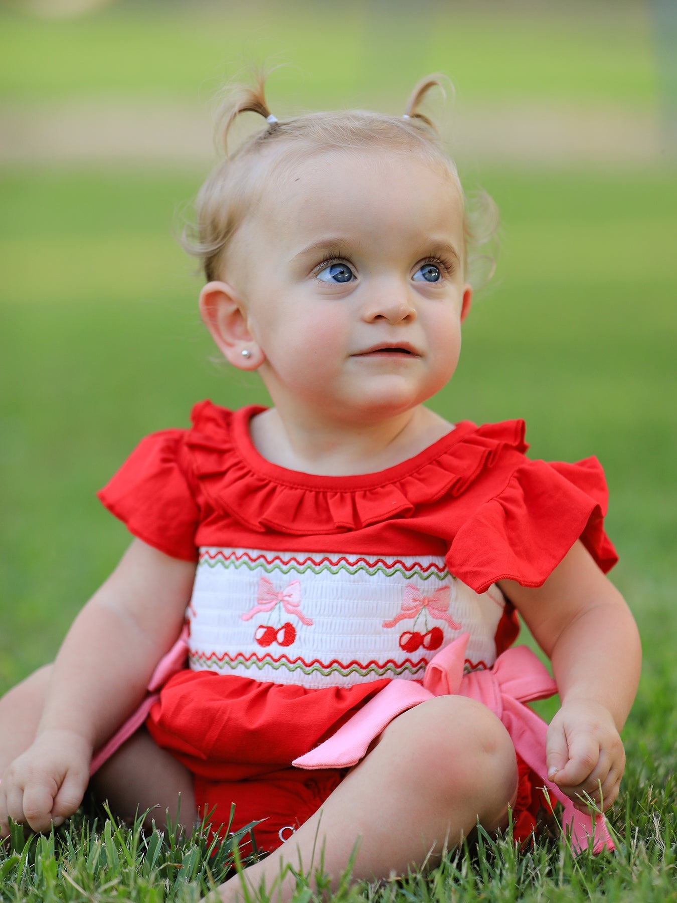 Red Cherry Bow Smocking Embroidery Girls' Romper