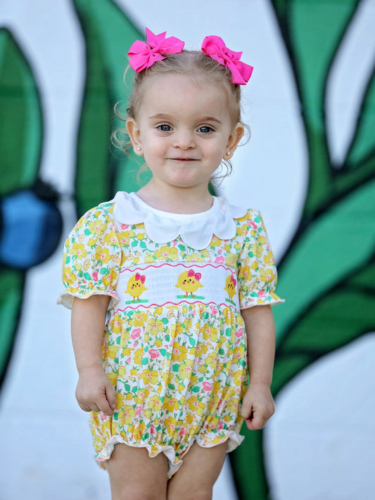 Easter Yellow Chick Embroidery Floral Baby Girl Romper Petal Collar