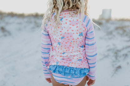 Elsie Pink Blue Abstract Long Sleeve Rash Guard Swimsuit