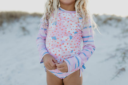 Elsie Pink Blue Abstract Long Sleeve Rash Guard Swimsuit