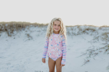 Elsie Pink Blue Abstract Long Sleeve Rash Guard Swimsuit