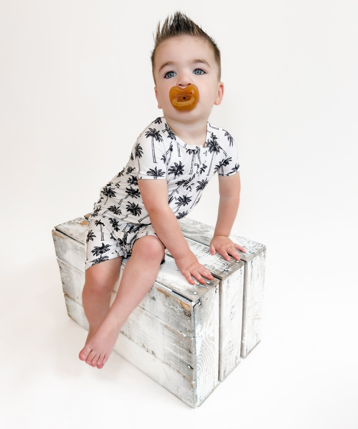 Bamboo Shorty Romper  | Palm Style White