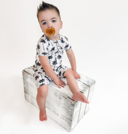 Bamboo Shorty Romper  | Palm Style White