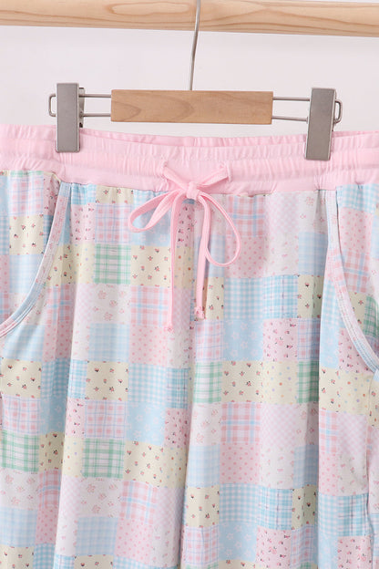 Pink floral checkered bamboo women pajamas pants