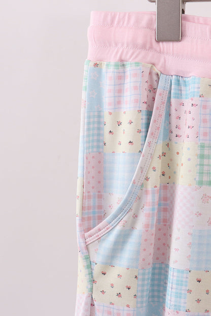 Pink floral checkered bamboo women pajamas pants