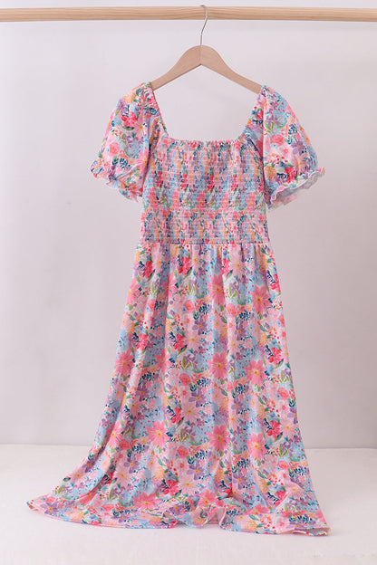 Purple floral smocked women dress