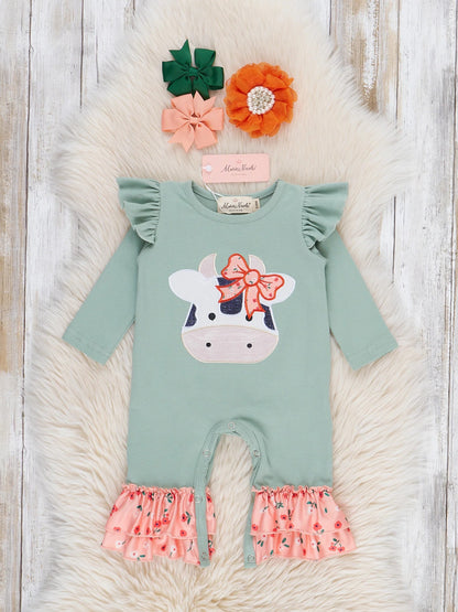 Mint & Coral Cow Charm Embroidered Ruffle Romper