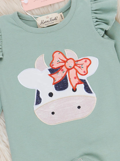 Mint & Coral Cow Charm Embroidered Ruffle Romper