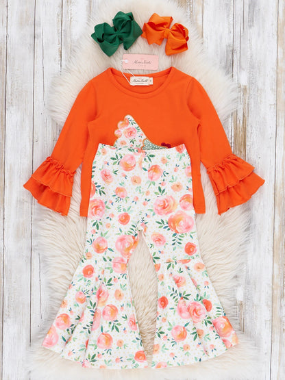 Fall Fresh Orange Ruffle Chicken Bell Bottom Set