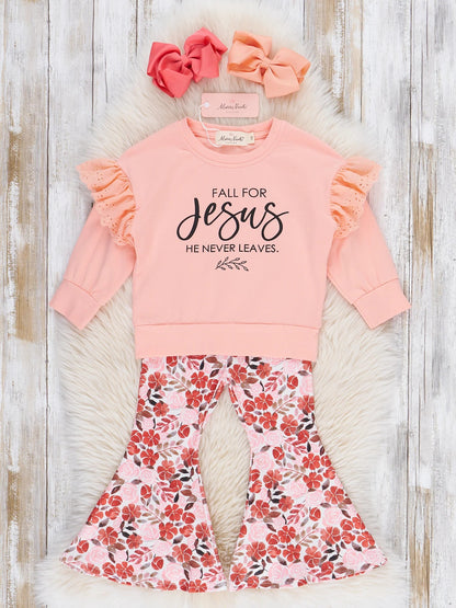 Pink Floral “Jesus Never Leaves” Bell Bottom Set