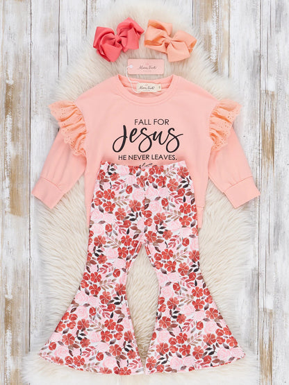 Pink Floral “Jesus Never Leaves” Bell Bottom Set
