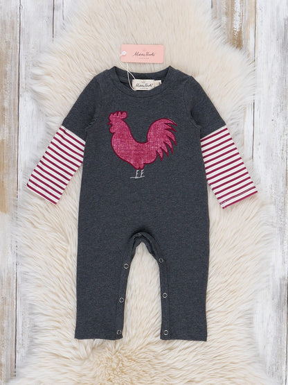 Bold Stripe Little Rooster Embroidered Romper