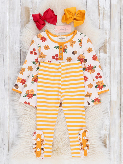 Yellow Daisy & Acorn Ruffle Outfit – 2-Piece Set