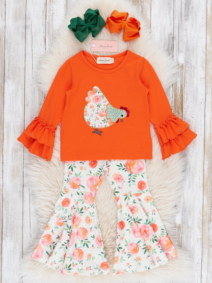Fall Fresh Orange Ruffle Chicken Bell Bottom Set