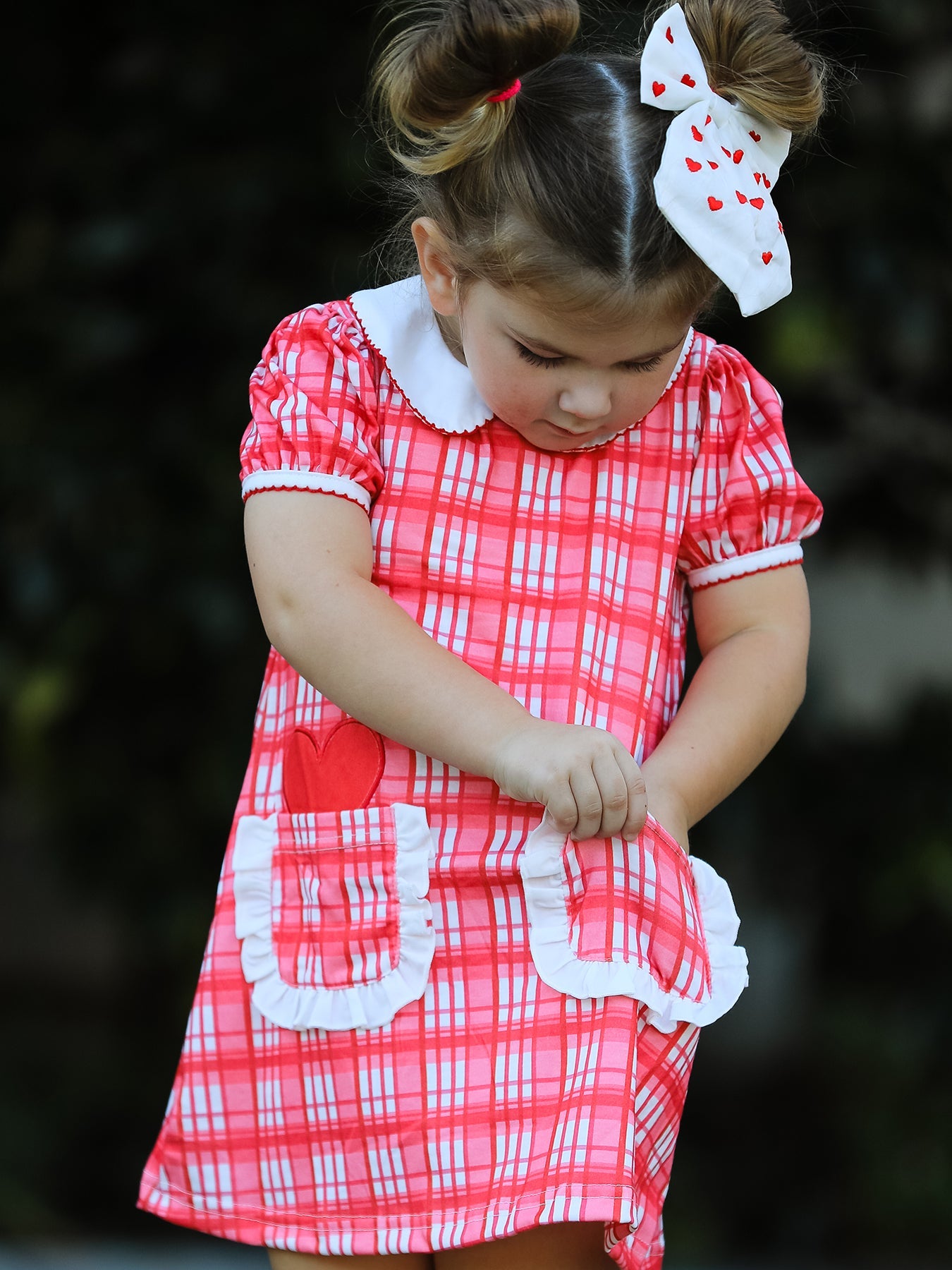 Valentine's Day Plaid Pocket Girls Short Sleeves Dress