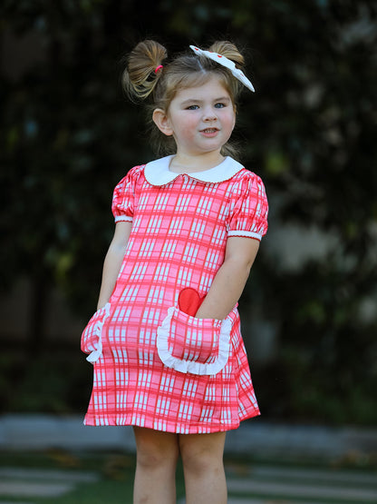 Valentine's Day Plaid Pocket Girls Short Sleeves Dress