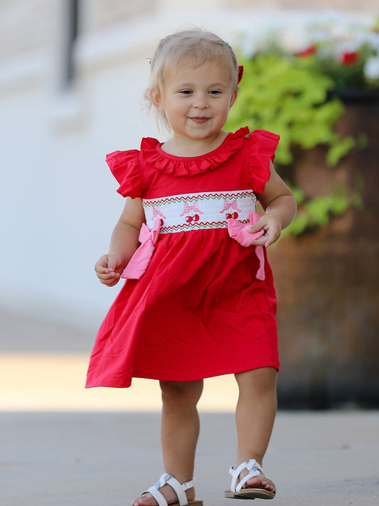 Red Cherry Bow Smocking Embroidery Girls'  Dress