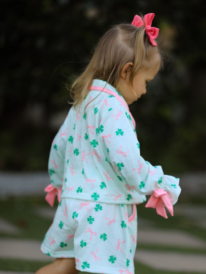 St. Patrick's Day Bow Shamrock Print Ruffles Girls Pajama Set