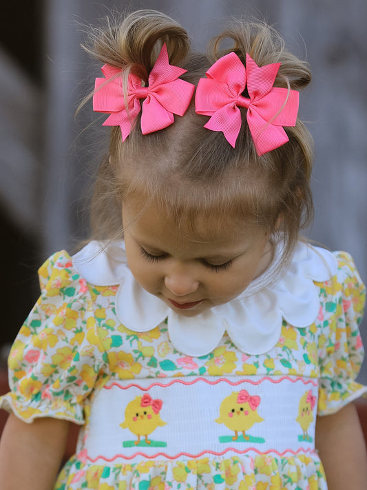 Easter Yellow Chick Embroidery Floral Girl Dress Petal Collar