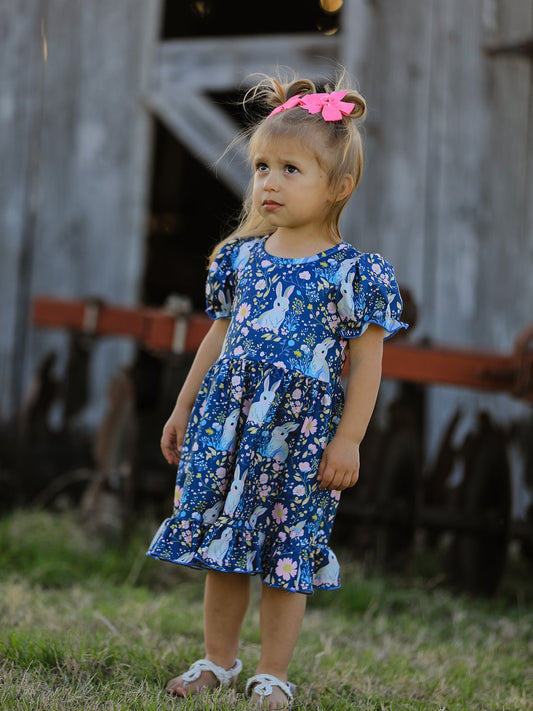 Teal Bunny Garden Ruffle Sleeve Girls Dress