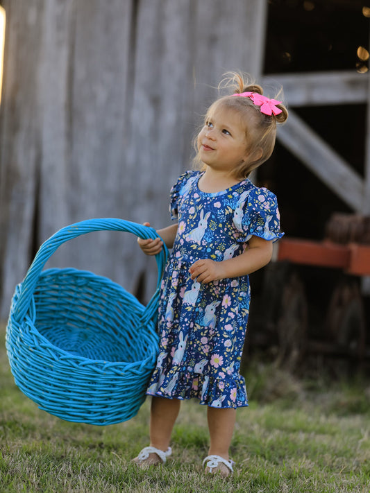 Teal Bunny Garden Ruffle Sleeve Girls Dress