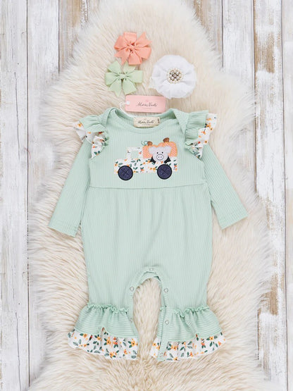 Mint Floral Piggy & Pumpkins Truck Ruffle Romper