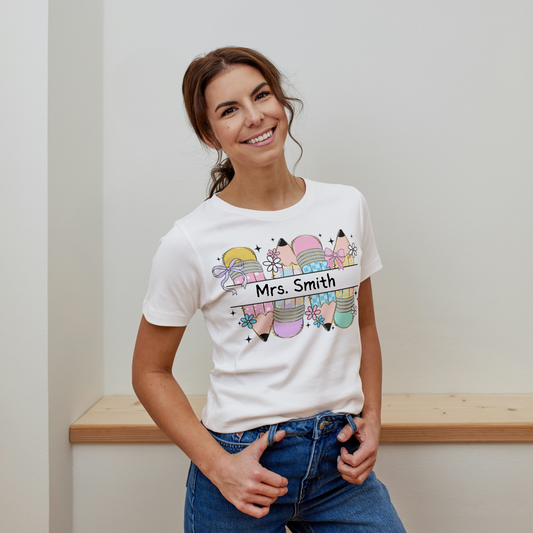 Personalized Pastel Pencil Teacher Tee – Custom Name Back to School Shirt