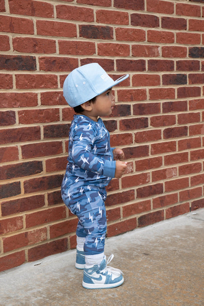 Bamboo Zip Romper | Blue Camo Bolts