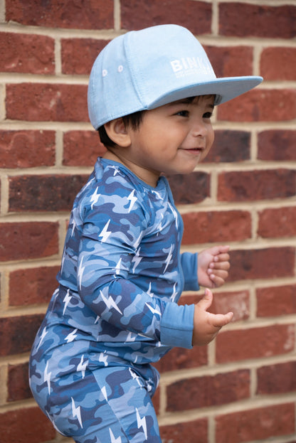 Bamboo Zip Romper | Blue Camo Bolts