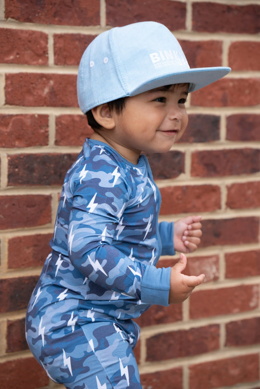 Bamboo Zip Romper | Blue Camo Bolts