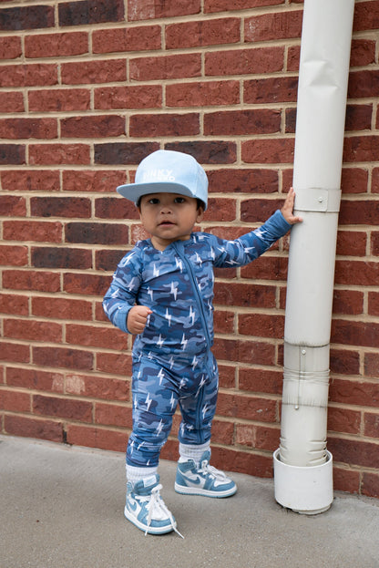 Bamboo Zip Romper | Blue Camo Bolts