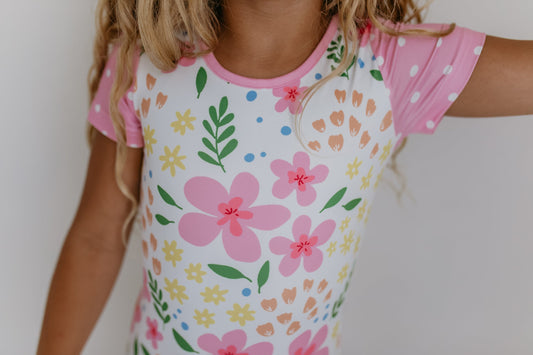Pink and Yellow Floral Shortie Leotard