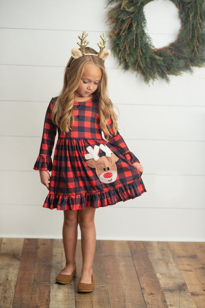 Plaid Reindeer Ruffle Dress