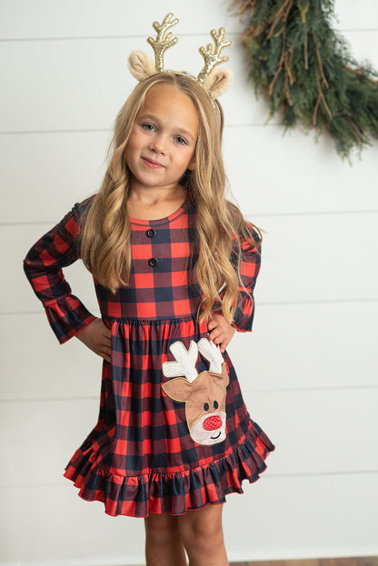 Plaid Reindeer Ruffle Dress