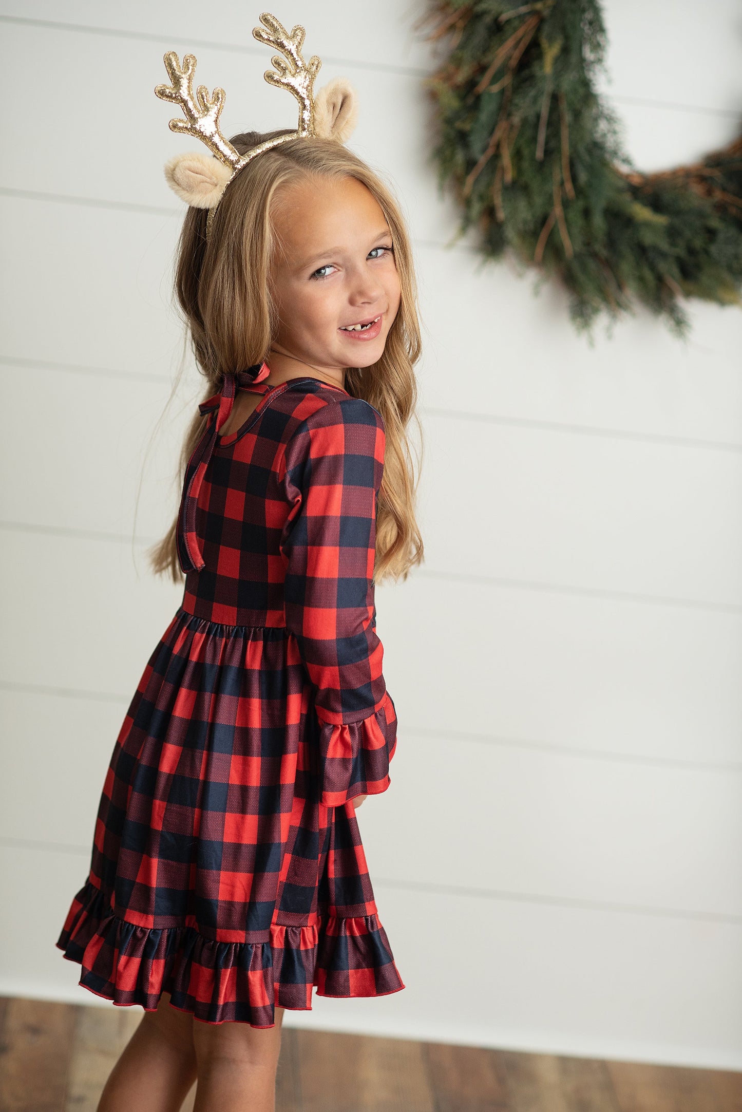 Plaid Reindeer Ruffle Dress