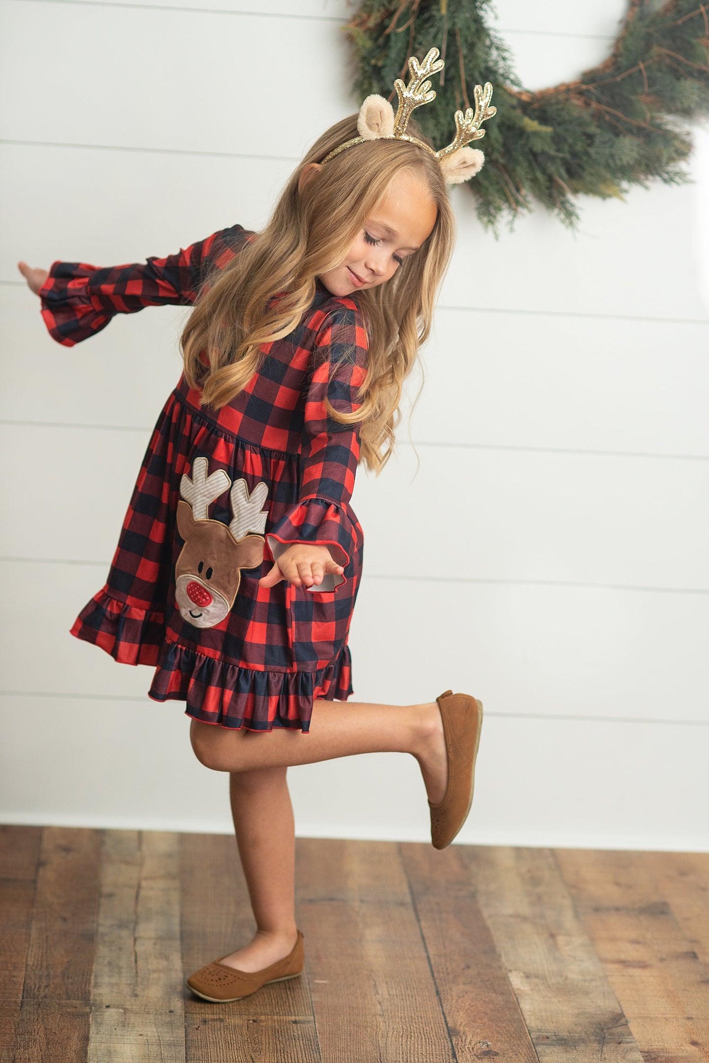 Plaid Reindeer Ruffle Dress