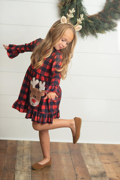 Plaid Reindeer Ruffle Dress