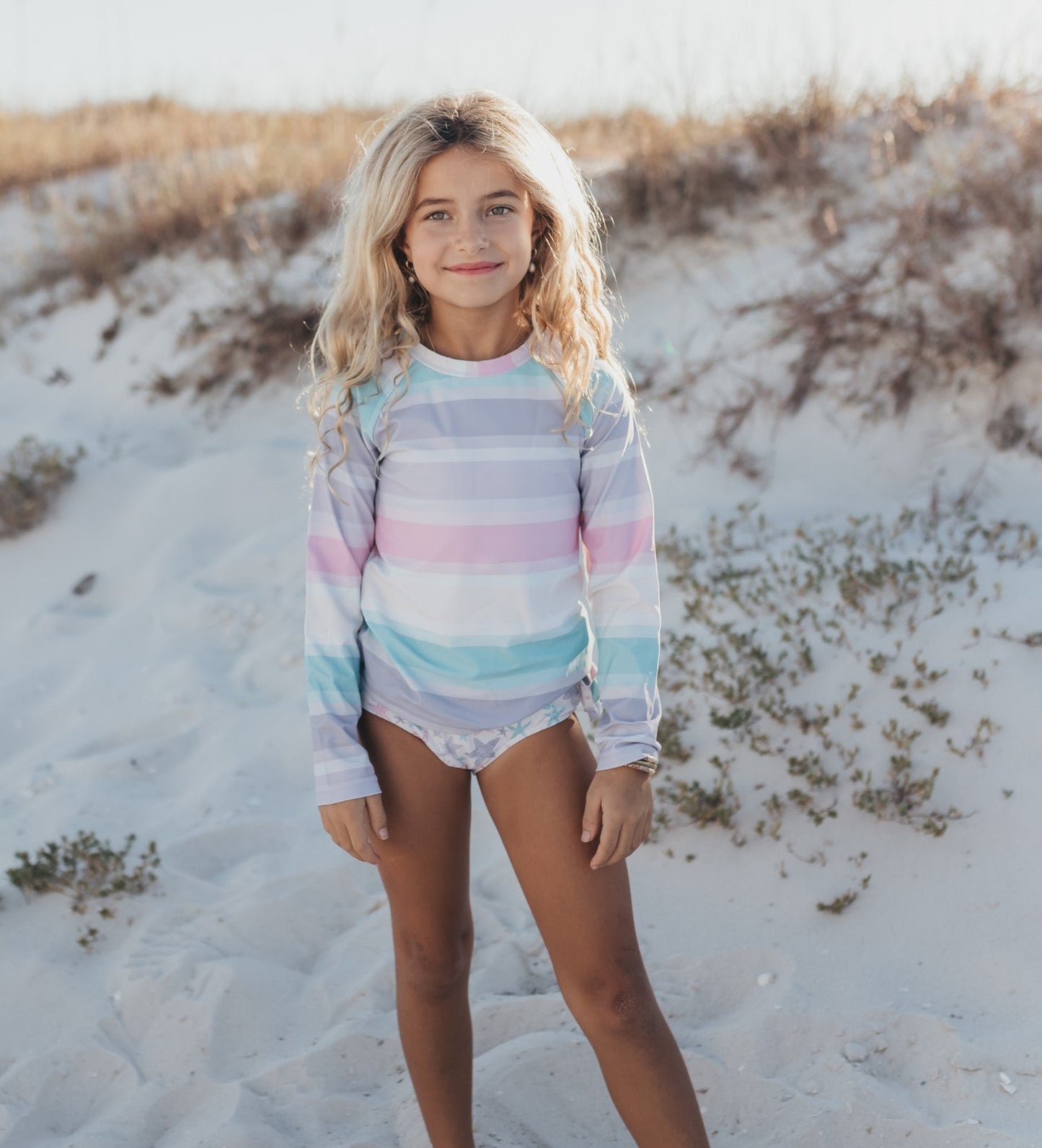 Elsie Pastel Star Fish Long Sleeve Rash Guard Swimsuit