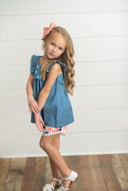 Coral Floral Jean Short Set