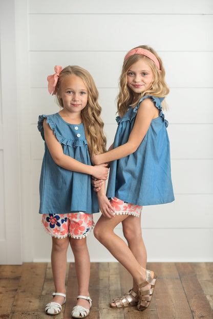 Coral Floral Jean Short Set