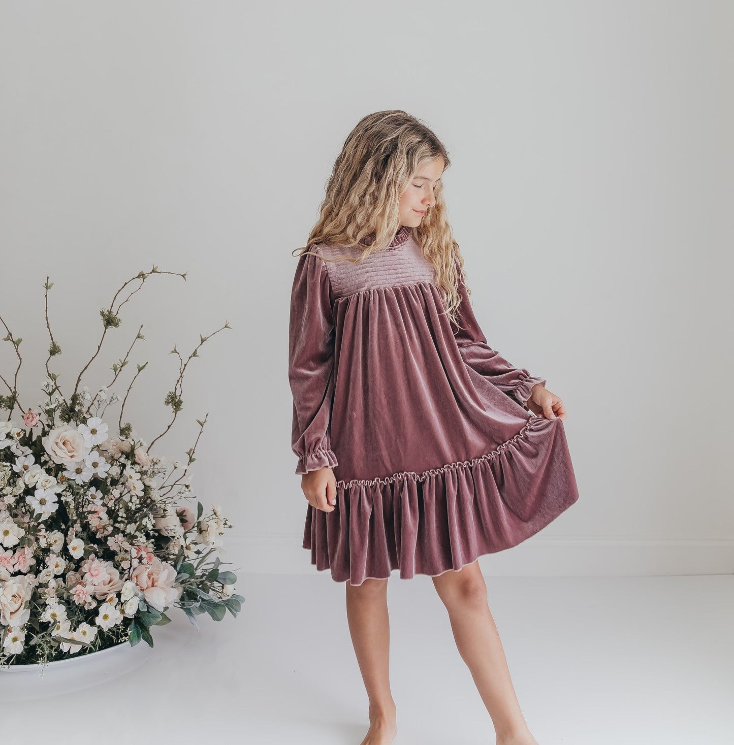 Dusty Rose Smocked Velvet Dress
