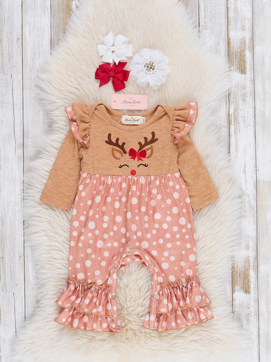 Tan Reindeer Freckles Ruffle Romper