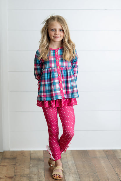 Teal Pink Plaid Pant Set