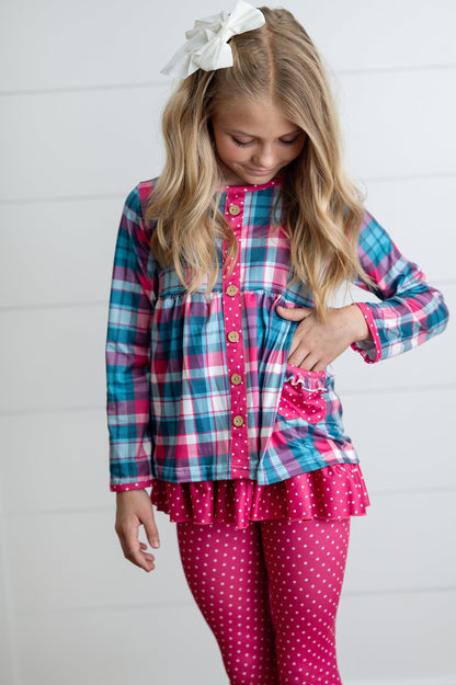 Teal Pink Plaid Pant Set
